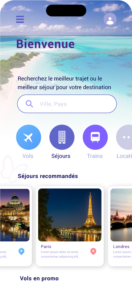 Copie écran d'une app de réservation de voyages pour smartphone